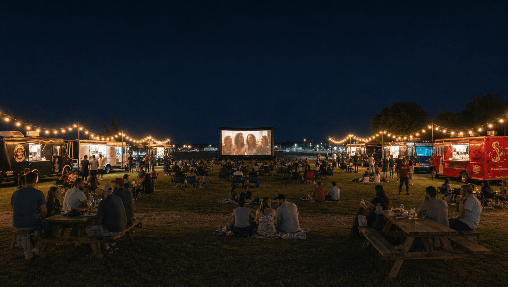 Crowd watching an outdoor movie at night with food trucks and string lights lining both sides of the field