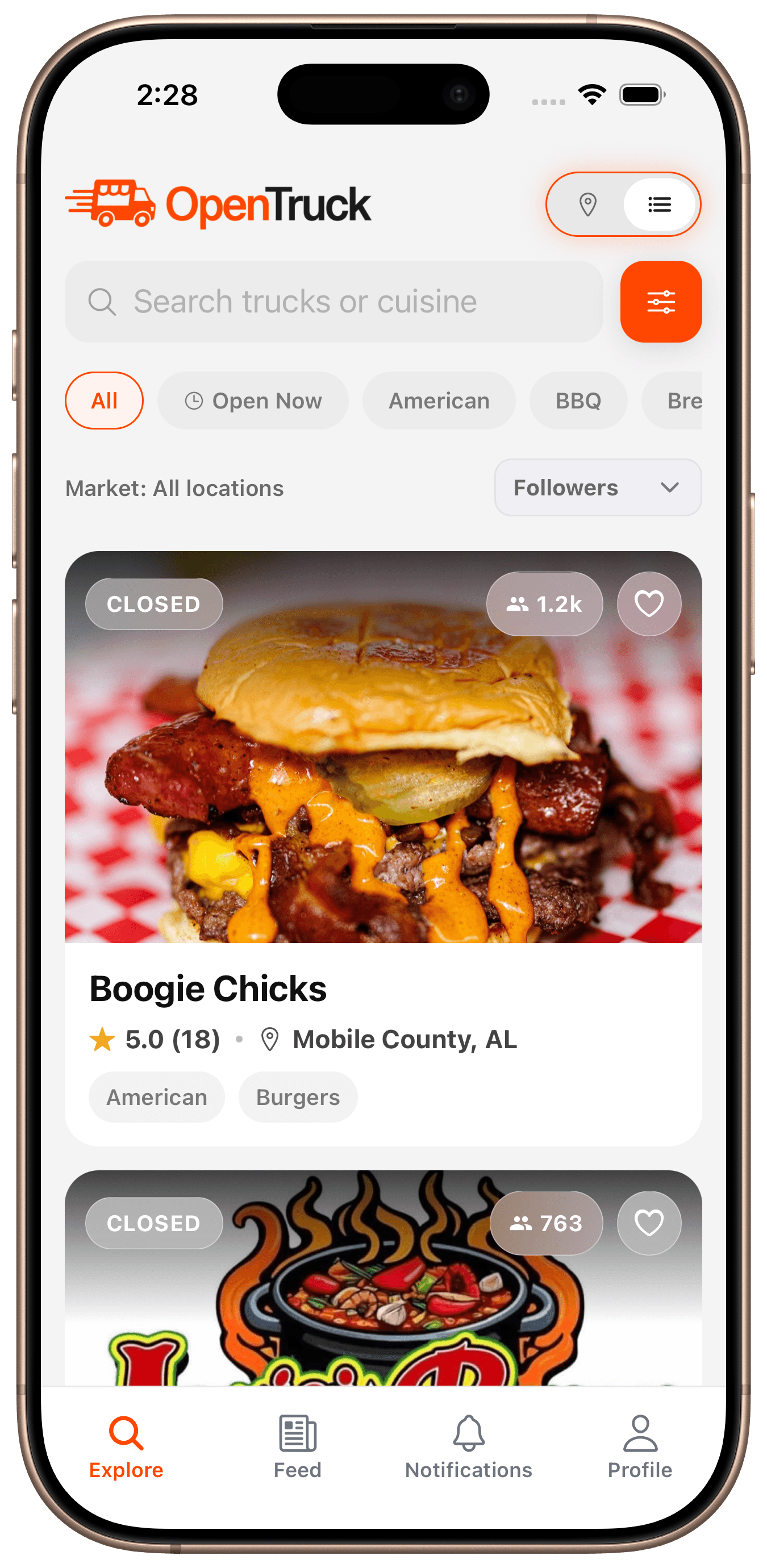 OpenTruck explore list showing nearby food trucks