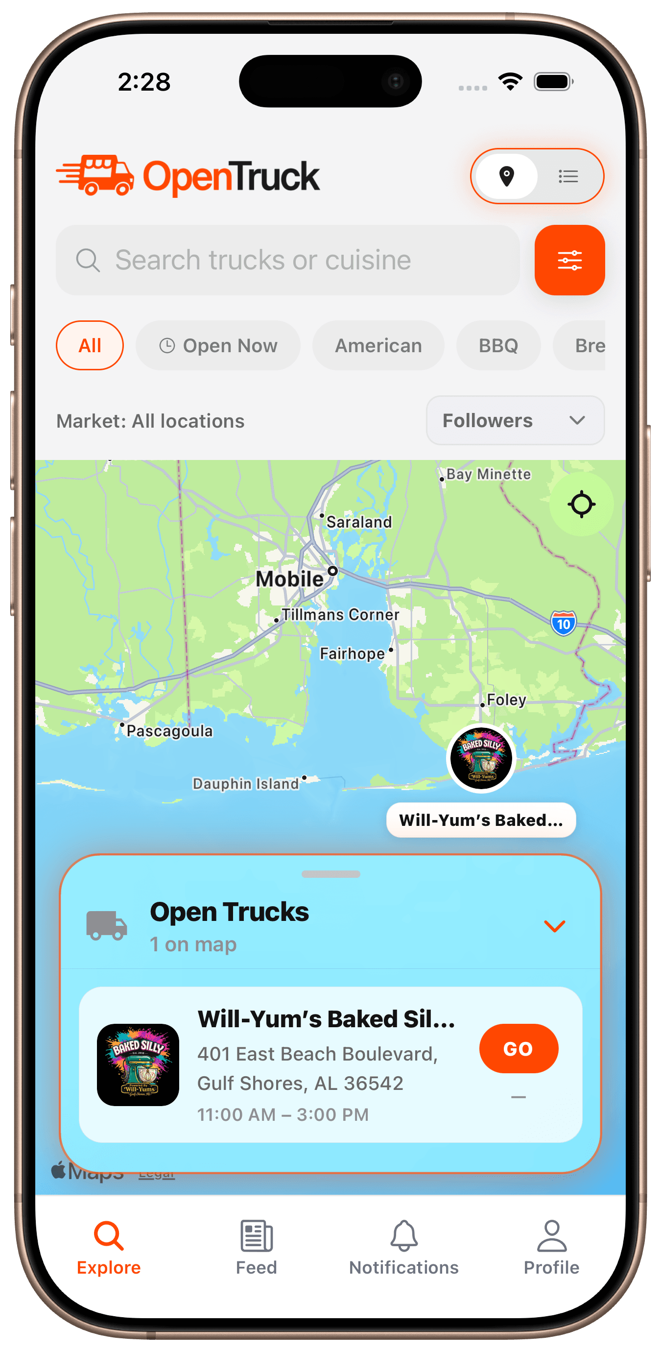 OpenTruck map with open food trucks on Mobile Bay